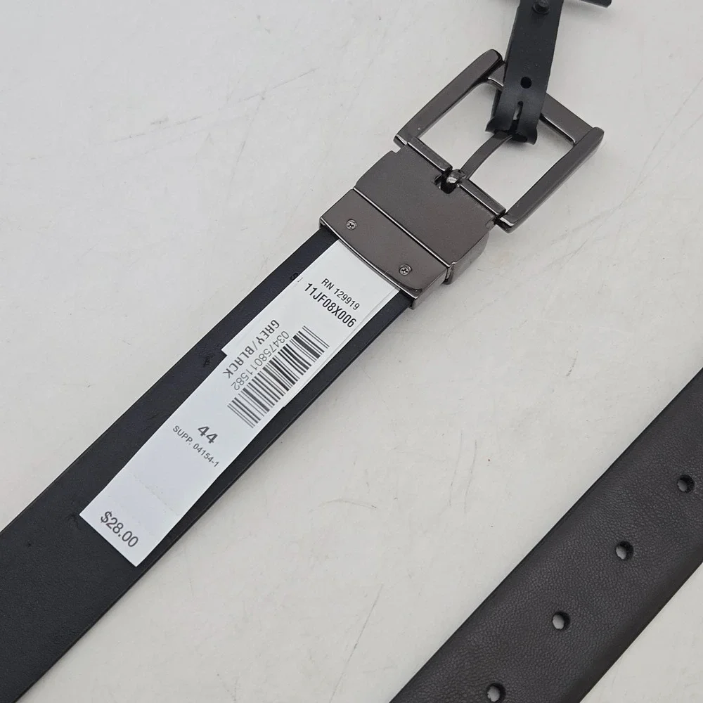 J. Ferrar Belt Black Grey Reversible Syn Leather Mens 44 Gunmetal Buckle New